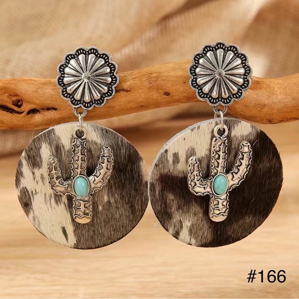 #166 | Concho Horsehair Round Post Back Earrings, Cactus Pendant with Turquoise